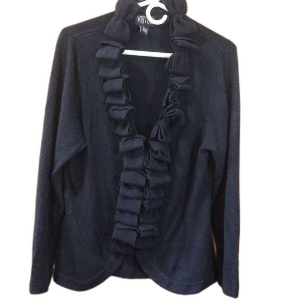 Virtue Black Cardigan Bow Ruffle Sweater LG